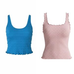 Set Of 2 CAUTION TO THE WIND M Pink Waffle Tank & Me To We M Blue Waffle Tank